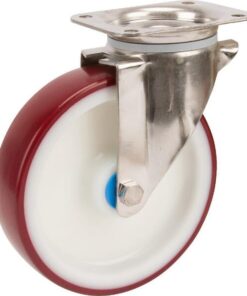 Rueda industrial giratoria en poliuretano: Ø125 x 32 mm, placa soporte acero inoxidable: 105 x 85 mm. Capacidad: 200 kg, Tente
