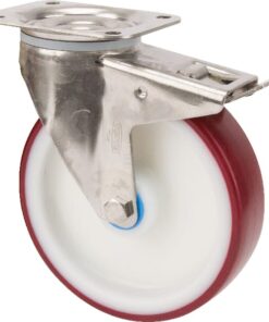 Rueda industrial giratoria en poliuretano: Ø160 x 40 mm, placa soporte en acero inoxidable: 137 x 105 mm. Capacidad: 350 kg, Tente