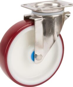 Rueda industrial giratoria en poliuretano: Ø200 x 46 mm, placa soporte en acero inoxidable: 137 x 105 mm. Capacidad: 400 kg, Tente