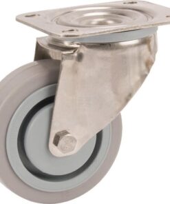 Rueda industrial giratoria en goma: Ø100 x 34 mm, placa soporte en acero inoxidable: 105 x 85 mm. Capacidad: 160 kg, Tente