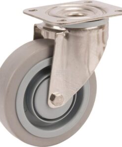 Rueda industrial giratoria en goma: Ø125 x 40 mm, placa soporte en acero inoxidable: 105 x 85 mm. Capacidad: 250 kg, Tente