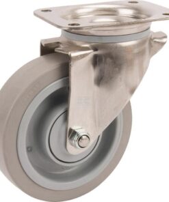 Rueda industrial giratoria en goma: Ø160 x 46 mm, placa soporte en acero inoxidable: 137 x 105 mm. Capacidad: 300 kg, Tente