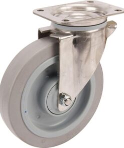 Rueda industrial giratoria en goma: Ø200 x 46 mm, placa soporte en acero inoxidable: 137 x 105 mm. Capacidad: 400 kg, Tente