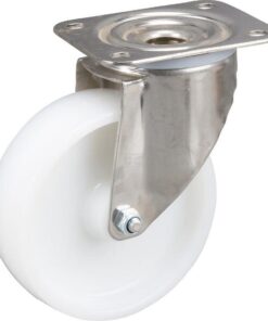 Rueda industrial giratoria en poliamida: Ø125 x 40 mm, placa soporte acero inoxidable: 105 x 85 mm. Capacidad: 250 kg, Tente