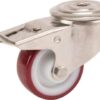 Rueda industrial giratoria en poliuretano: Ø80 x 32 mm, orificio único para pasador en acero inoxidable con freno. Capacidad: 100 kg, Tente