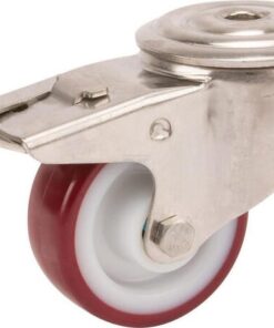 Rueda industrial giratoria en poliuretano: Ø80 x 32 mm, orificio único para pasador en acero inoxidable con freno. Capacidad: 100 kg, Tente