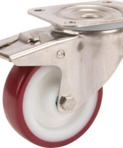 Rueda industrial giratoria en poliuretano: Ø80 x 32 mm, placa soporte en acero inoxidable con freno: 105 x 85 mm. Capacidad: 100 kg, Tente