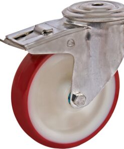 Rueda industrial giratoria en poliuretano: Ø125 x 32 mm, orificio único para pasador en acero inoxidable con freno. Capacidad: 150 kg, Tente