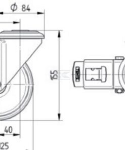 Rueda industrial giratoria en poliuretano: Ø125 x 32 mm, orificio único para pasador en acero inoxidable con freno. Capacidad: 150 kg, Tente