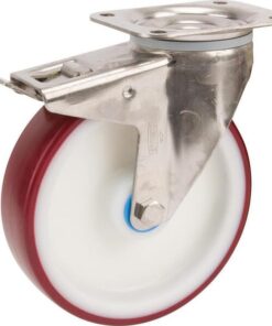 Rueda industrial giratoria en poliuretano: Ø125 x 32 mm, placa soporte acero inoxidable con freno: 105 x 85 mm. Capacidad: 200 kg, Tente
