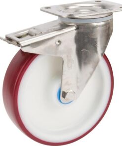 Rueda industrial giratoria en poliuretano: Ø200 x 46 mm, placa soporte en acero inoxidable con freno: 137 x 105 mm. Capacidad: 400 kg, Tente