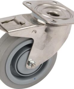 Rueda industrial giratoria en goma: Ø125 x 40 mm, placa soporte en acero inoxidable con freno: 105 x 85 mm. Capacidad: 250 kg, Tente