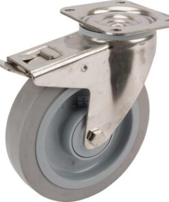 Rueda industrial giratoria en goma: Ø200 x 46 mm, placa soporte en acero inoxidable con freno: 137 x 105 mm. Capacidad: 300 kg, Tente