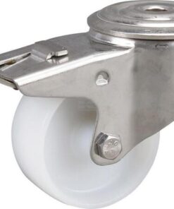 Rueda industrial giratoria en poliamida: Ø80 x 34 mm, orificio único para pasador en acero inoxidable con freno. Capacidad: 150 kg, Tente
