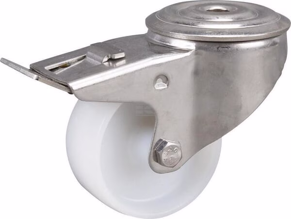 Rueda industrial giratoria en poliamida: Ø80 x 34 mm, orificio único para pasador en acero inoxidable con freno. Capacidad: 150 kg, Tente 1 Rueda industrial giratoria en poliamida: Ø80 x 34 mm, orificio único para pasador en acero inoxidable con freno. Capacidad: 150 kg, Tente
