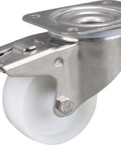 Rueda industrial giratoria en poliamida: Ø80 x 34 mm, placa soporte acero inoxidable con freno: 105 x 85 mm. Capacidad: 200  kg, Tente