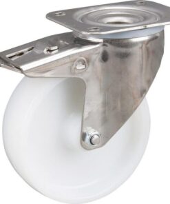 Rueda industrial giratoria en poliamida: Ø125 x 40 mm, placa soporte acero inoxidable, con freno: 105 x 85 mm. Capacidad: 200 kg, Tente