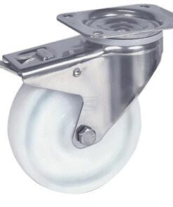 Rueda industrial giratoria en poliamida: Ø160 x 40 mm, placa soporte acero inoxidable, con freno: 137 x 105 mm. Capacidad: 500 kg, Tente