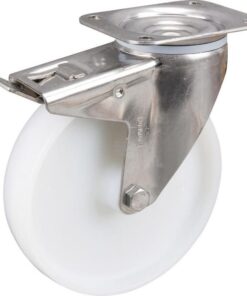 Rueda industrial giratoria en poliamida: Ø200 x 50 mm, placa soporte acero inoxidable con freno: 137 x 105 mm. Capacidad: 500 kg, Tente