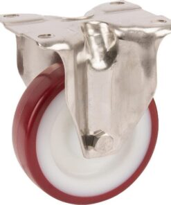 Rueda industrial fija en poliuretano: Ø100 x 32 mm, placa de soporte acero inoxidable: 100 x 85 mm. Capacidad: 150 kg, Tente