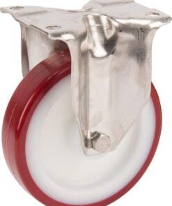 Rueda industrial fija en poliuretano: Ø125 x 32 mm, placa de soporte acero inoxidable: 100 x 85 mm. Capacidad: 200 kg, Tente