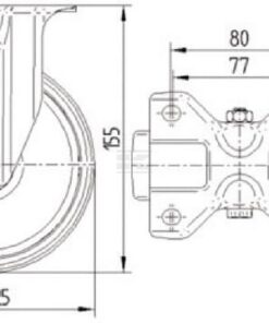 Rueda industrial fija en poliuretano: Ø125 x 32 mm, placa de soporte acero inoxidable: 100 x 85 mm. Capacidad: 200 kg, Tente