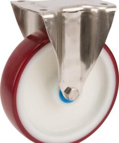 Rueda industrial fija en poliuretano: Ø200 x 46 mm, placa de soporte acero inoxidable: 137 x 115 mm. Capacidad: 400 kg, Tente