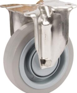 Rueda industrial fija en goma: Ø100 x 34 mm, placa de soporte acero inoxidable: 100 x 85 mm. Capacidad: 160 kg, Tente