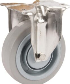 Rueda industrial fija en goma: Ø125 x 40 mm, placa de soporte acero inoxidable: 100 x 85 mm. Capacidad: 250 kg, Tente