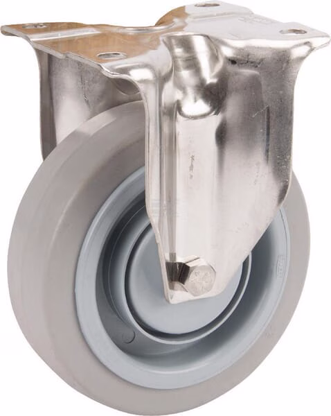 Rueda industrial fija en goma: Ø125 x 40 mm, placa de soporte acero inoxidable: 100 x 85 mm. Capacidad: 250 kg, Tente 1 Rueda industrial fija en goma: Ø125 x 40 mm, placa de soporte acero inoxidable: 100 x 85 mm. Capacidad: 250 kg, Tente