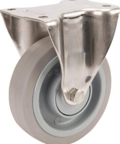 Rueda industrial fija en goma: Ø160 x 46 mm, placa de soporte acero inoxidable: 137 x 115 mm. Capacidad: 300 kg, Tente