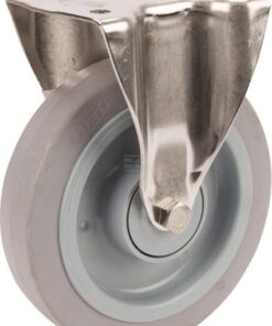 Rueda industrial fija en goma: Ø200 x 46 mm, placa de soporte acero inoxidable: 137 x 115 mm. Capacidad: 400 kg, Tente