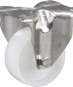 Rueda industrial fija en poliamida: Ø80 x 34 mm, placa de soporte acero inoxidable: 100 x 85 mm. Capacidad: 200 kg, Tente