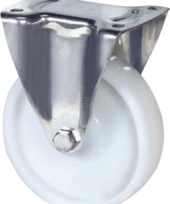 Rueda industrial fija en poliamida: Ø100 x 36 mm, placa de soporte acero inoxidable: 100 x 85 mm. Capacidad: 200 kg, Tente