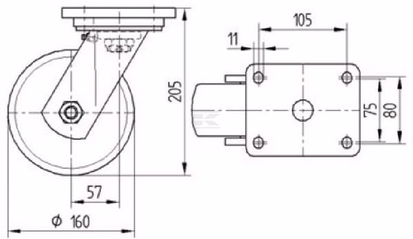 Rueda industrial giratoria en poliuretano: Ø160 x 50 mm, placa de soporte: 135 x 110 mm. Capacidad: 750 kg, Tente 2 Rueda industrial giratoria en poliuretano: Ø160 x 50 mm, placa de soporte: 135 x 110 mm. Capacidad: 750 kg, Tente