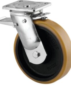 Rueda industrial giratoria en poliuretano: Ø125 x 50 mm, placa soporte con freno: 135 x 110 mm. Capacidad: 550 kg, Tente