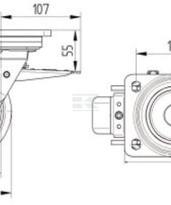 Rueda industrial giratoria en poliuretano: Ø125 x 50 mm, placa soporte con freno: 135 x 110 mm. Capacidad: 550 kg, Tente