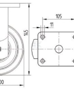 Rueda industrial fija en poliuretano: Ø100 x 50 mm, placa de soporte: 135 x 110 mm. Capacidad: 450 kg, Tente