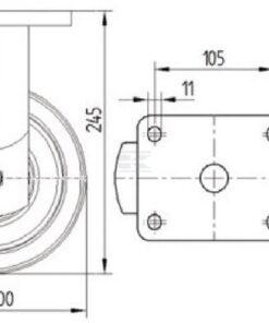 Rueda industrial fija en poliuretano: Ø250 x 50 mm, placa de soporte: 135 x 110 mm. Capacidad: 1200 kg, Tente