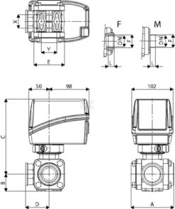Llave esf. eléc. 3 vías 2"F