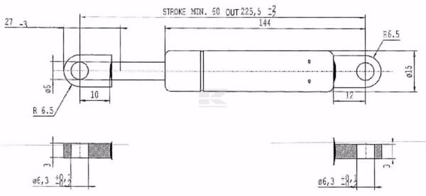 Amortiguador de gas L=225,5 mm 100N Stabilus 3 Amortiguador de gas L=225,5 mm 100N Stabilus