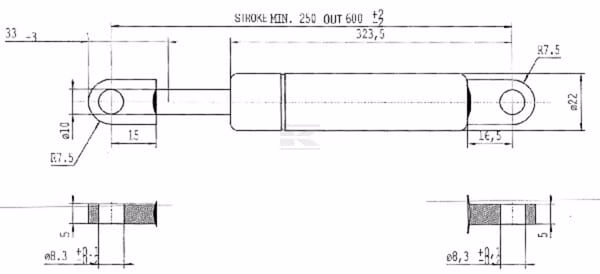 Amortiguador de gas L=600,0 mm 200N Stabilus