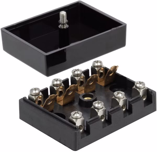 Caja de fusibles cerámica 4 vías, 12/24 V, terminales de tornillo