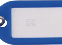 Llavero azul con etiqueta