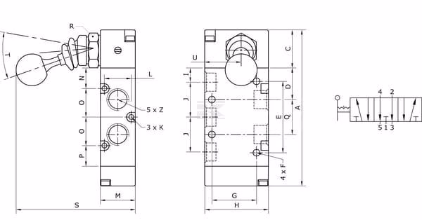 Válv. pal. manual 5/3 v. 1/4" 2 Válv. pal. manual 5/3 v. 1/4"