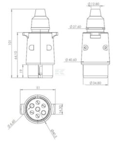 Enchufe de remolque de 7 polos, plástico, 12 V, terminales roscadas
