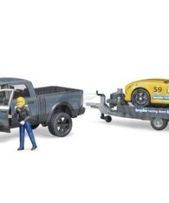 Vehículo RAM 2500 Power Wagon y remolque con coche de carrera Bruder
