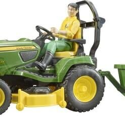 Tractor cortacésped John Deere con remolque y jardinero