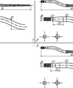 Púa para cargadora acodada, sección doble-T de 70 mm, 36x895 mm, extremo en punta con tuerca de M22 x 1,5 mm, roja