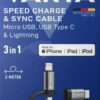 Cable Micro USB, USB tipo C, lightning